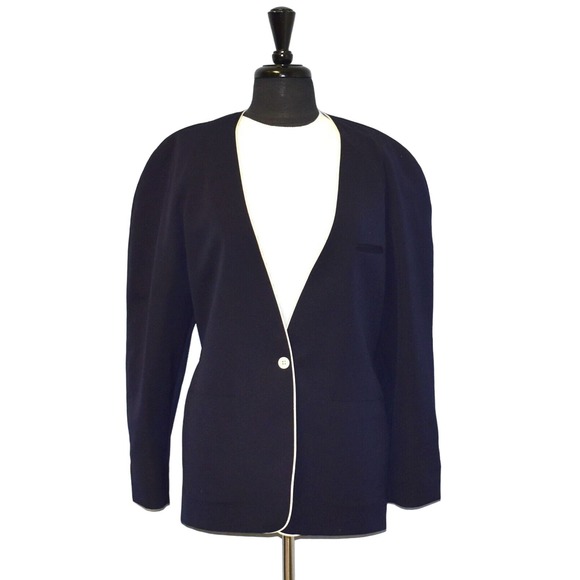 Burberry Jackets & Blazers - B0 BURBERRYS Navy Wool White Trim Single Button Collarless Jacket Blazer Size L